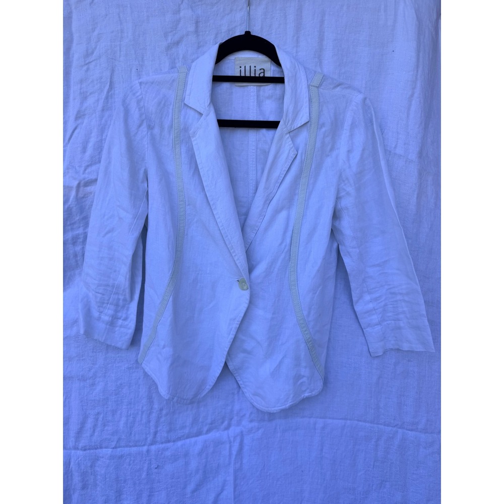 Illia White Linen Blazer Leather Trim Taped Seams Single Button Jacket Womens